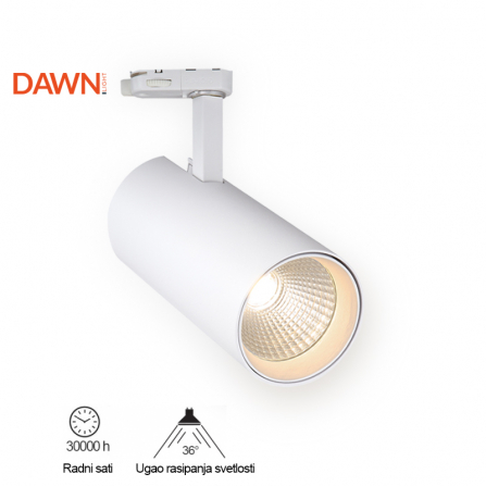 Trofazni šinski LED reflektor bele boje, snage 30w, sa prirodno belom bojom svetla.