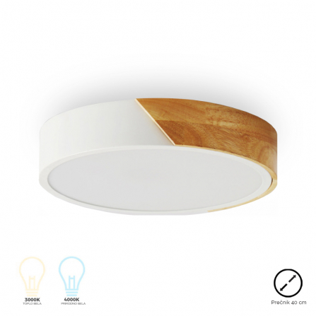 Okrugla LED plafonjera bele boje, obložena drveto, snage 24w i sa dve nijanse bele boje.
