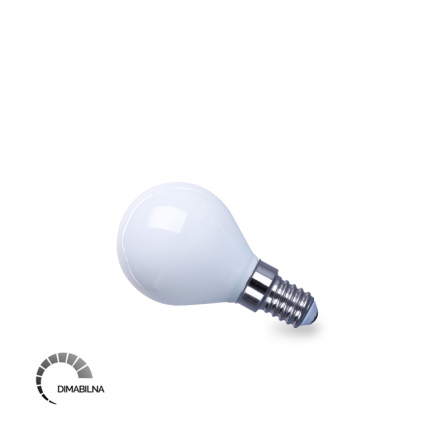 LED Filament sijalica, sa užim sijaličnim grlom E14 i manjim abažurom mlečne boje.