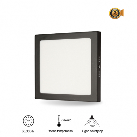Nadgradni kvadratni LED panel, snage 18W, crne boje, sa hladno belom bojom svetla.