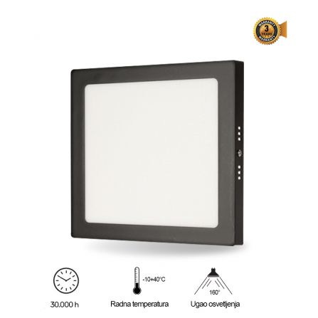LED panel za nadgradno montiranje na različite površine, crne boje, snage 24W sa prirodno belom bojom svetla.