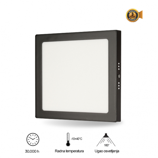 LED panel za nadgradno montiranje na različite površine, crne boje, snage 24W sa hladno belom bojom svetla.