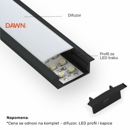 Ugradni aluminijumski komplet LED profil crne boje, dubine 10 mm sa prirubnicom.
