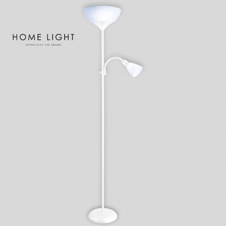 Podna lampa bele boje sa dva abažura, jedan se podešava savijanjem. Lampa ima dva grla jedno E27, drugo E14.