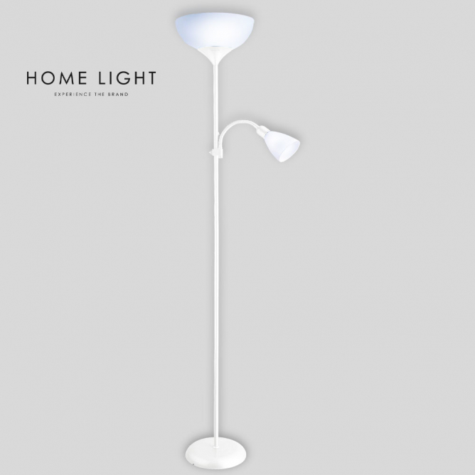 Podna lampa bele boje sa dva abažura, jedan se podešava savijanjem. Lampa ima dva grla jedno E27, drugo E14.