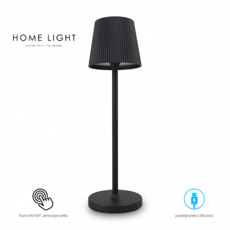 LED stona lampa sa toplo belim svetlom snage 3W. Ima IP54 zaštitu. Mogućnost dimovanja, puni se preko USB punjača.