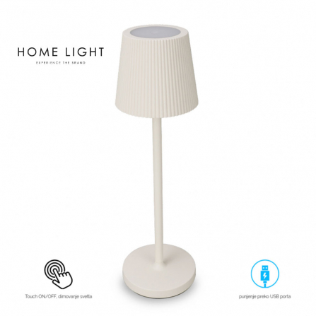 LED stona lampa sa toplo belim svetlom snage 3W. Ima IP54 zaštitu. Mogućnost dimovanja, puni se preko USB punjača.