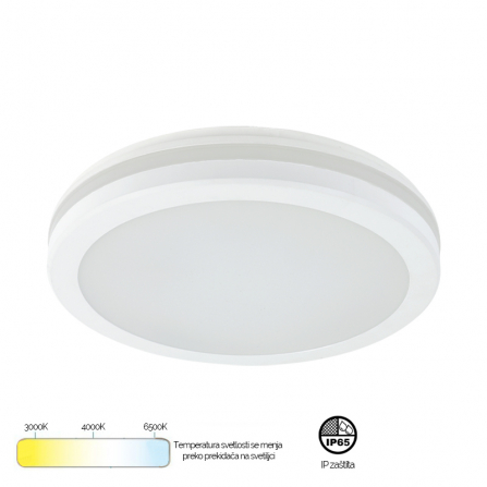 Led plafonjera u beloj boji, snage 24W sa mogućnošću izbora boje svetla putem prekidača.