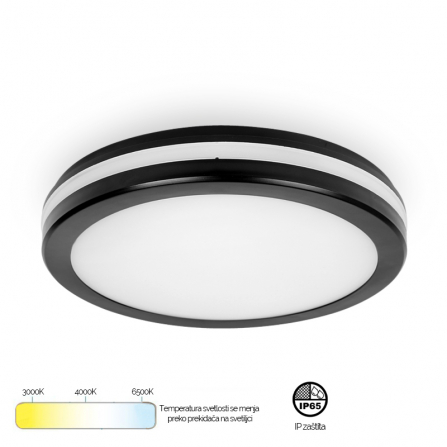 Led plafonjera u crnoj boji, snage 24 W sa mogućnošću izbora boje svetla putem prekidača.