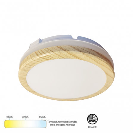 LED plafonjera u boji drveta, snage 15W sa prekidačem za biranje boje svetla. Visoka IP65 zaštita.
