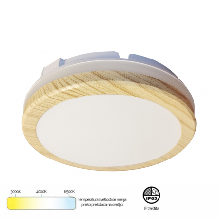 LED plafonjera u boji drveta, snage 24W sa prekidačem za biranje boje svetla. Visoka IP65 zaštita.