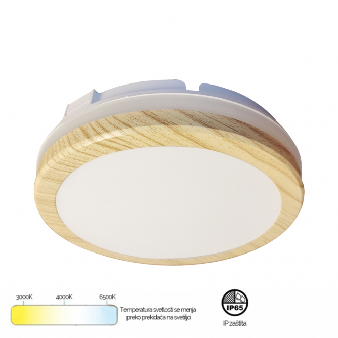 LED plafonjera u boji drveta, snage 24W sa prekidačem za biranje boje svetla. Visoka IP65 zaštita.