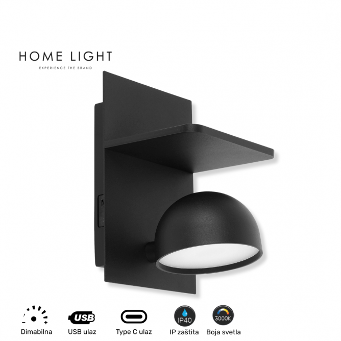 Zidna LED lampa u crnoj boji sa USB punjačem i policom za telefon