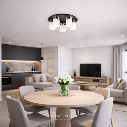 Elegantna plafonjera sa bazom u wenge boji i 5 sijaličnih mesta E27 smeštenih u mlečno bele staklene abažure.