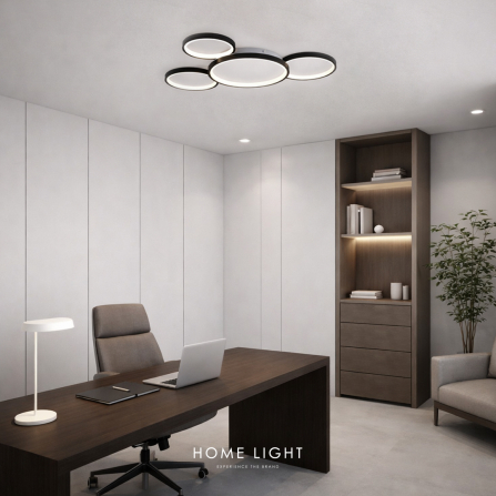 LED plafonska svetiljka sa jednim većim i tri manja prstena, crne boje.