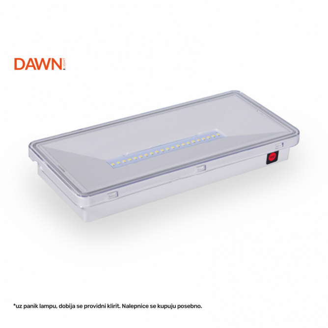 Panik lampa koja može biti nadgradna ili ugradna. Dobija se sa providnim kliritom, nalepnice se kupuju posebno.