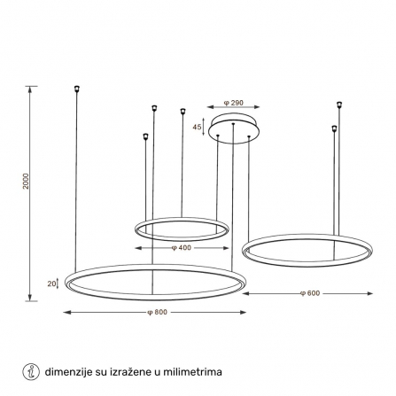 Atraktivan i moderan LED luster crne boje, snage 110W, emituje toplo belo svetlo