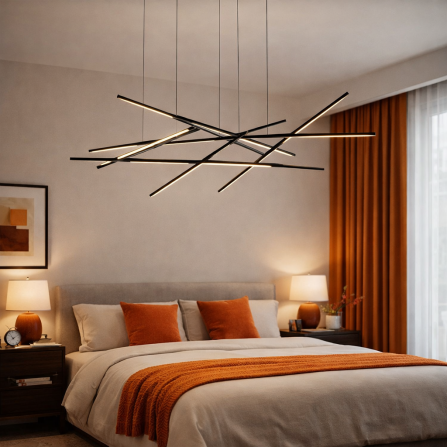 LED luster sa linijama svetlosti nepravilnog oblika, modernog i originalnog dizajna, snage 44W, i toplo bele (žute) boje svetla.