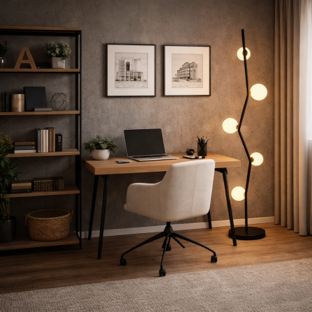 Podna lampa elegantnog izgleda, u crnoj boji, sa pet kugli (abažura) u kojima su sijalična grla za sijalice tip G9.