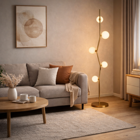 Podna lampa elegantnog izgleda, u boji mesinga, sa pet kugli (abažura) u kojima su sijalična grla za sijalice tip G9.