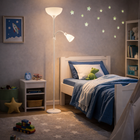 Podna lampa bele boje sa dva abažura, jedan se podešava savijanjem. Lampa ima dva grla jedno E27, drugo E14.