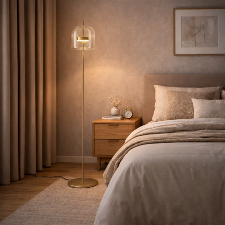 Led podna lampa sa providnim staklenim abažurom u boji konjaka i postoljem u mesing boji