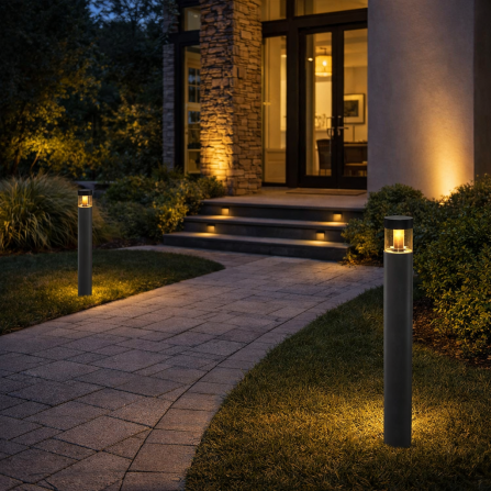 LED baštenska svetiljka u sivoj boji sa aluminijumskim telom i toplo belom bojom svetla. Snaga 12W, IP65 zaštita.