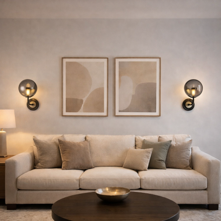 Moderna zidna lampa u crnoj i bakarnoj kombinaciji pogodna je za savremene enterijere