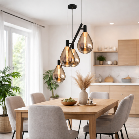 Ekskluzivni led luster snage 16W, sa četiri abažura koji se pružaju sa konstrukcije u crnoj boji.